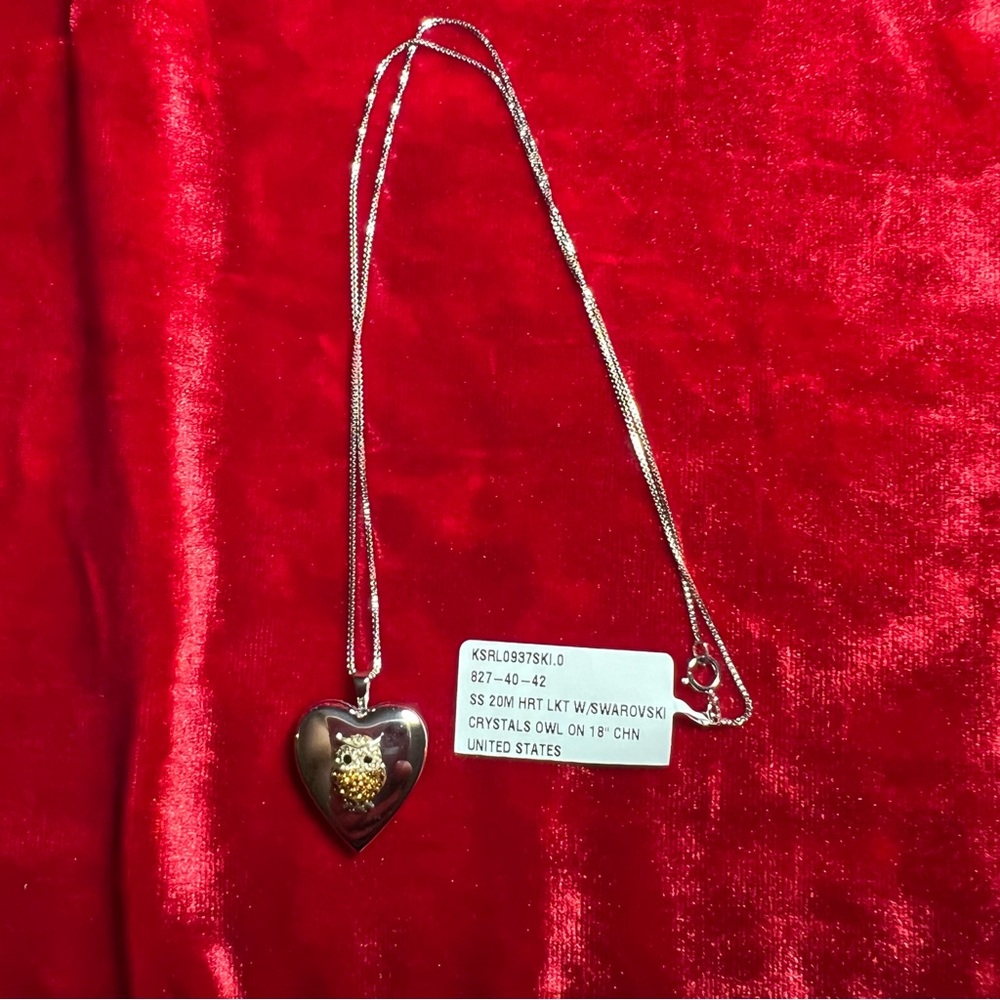 Silver locket necklace with Swarovski crystal Owl on 18” Silver chain.